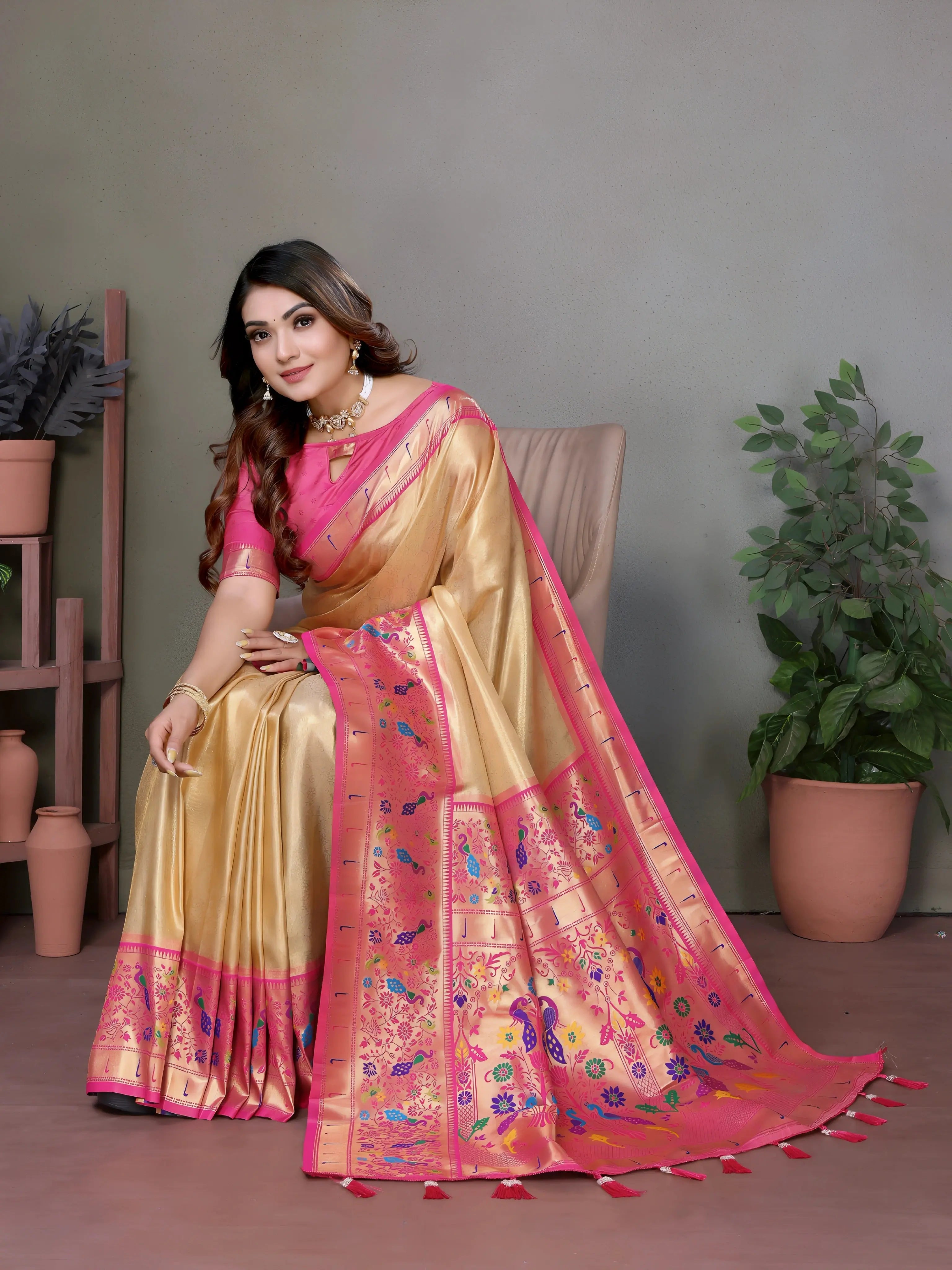 Light Gold Paithani Woven Banarasi Tissue Silk Saree